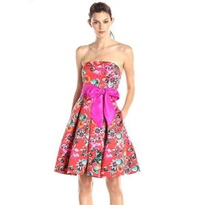 Fit and Flare Red Floral Dress With Pink Sash NWT